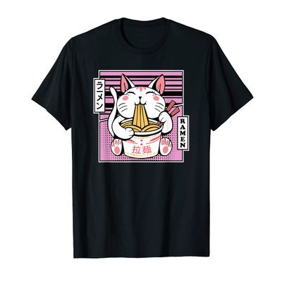 Kawaii Cat Neko Eating Ramen Noodle Soup Japanese Aesthetic T-Shirt