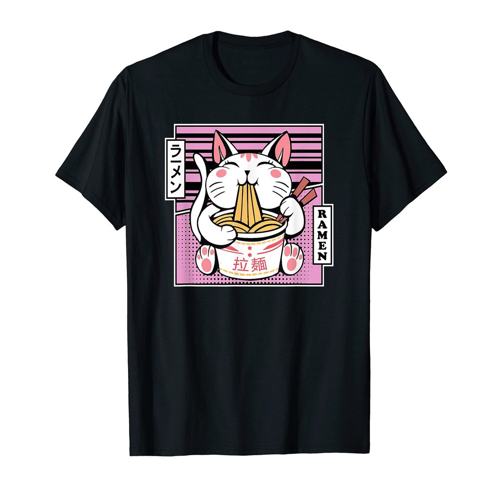 Kawaii Cat Neko Eating Ramen Noodle Soup Japanese Aesthetic T-Shirt