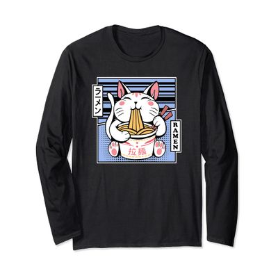 Kawaii Cat Neko Eating Ramen Noodle Soup Japanese Aesthetic Long Sleeve T-Shirt