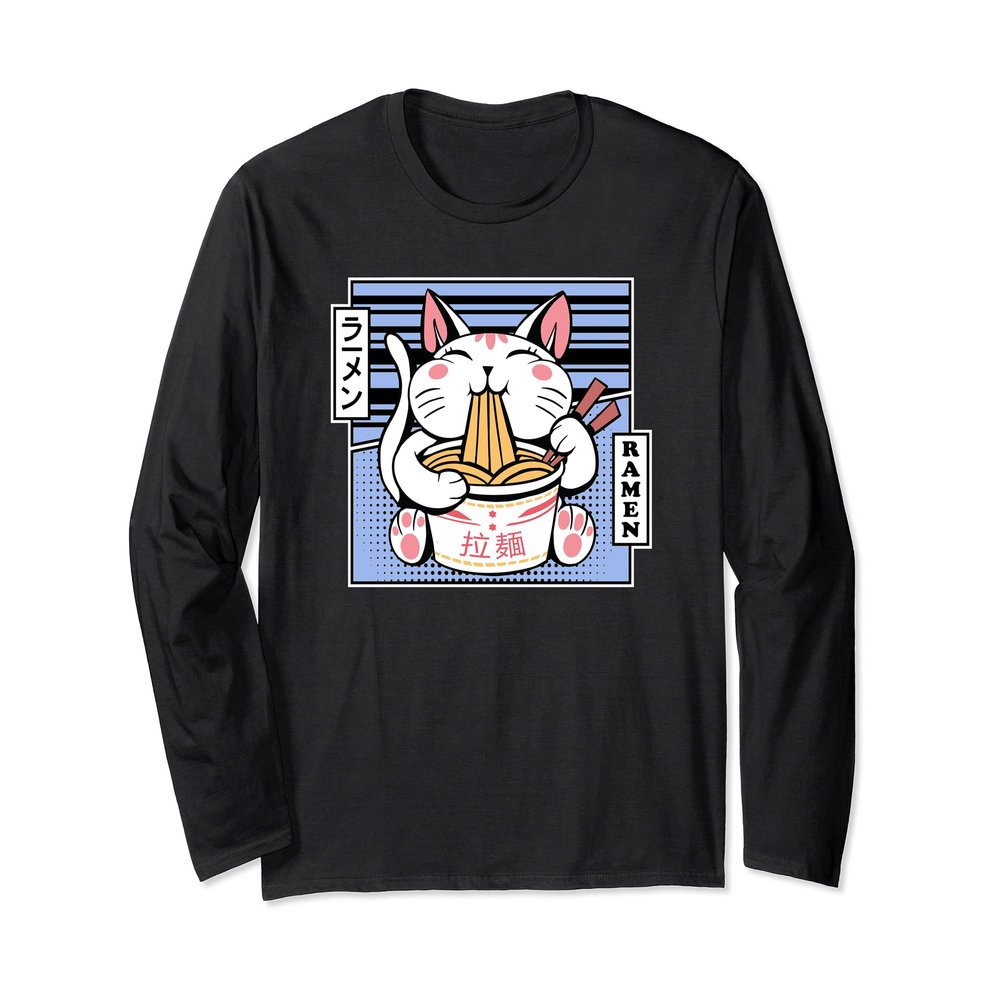 Kawaii Cat Neko Eating Ramen Noodle Soup Japanese Aesthetic Long Sleeve T-Shirt