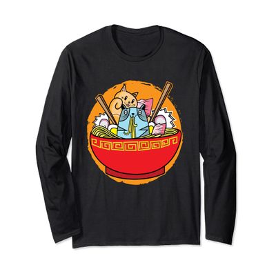 Anime Cat Japanese Ramen Noodles I Funny Ramen Long Sleeve T-Shirt