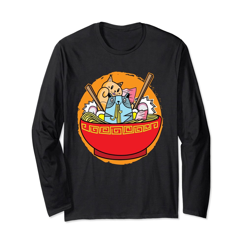 Anime Cat Japanese Ramen Noodles I Funny Ramen Long Sleeve T-Shirt