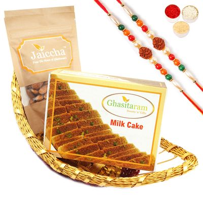 Ghasitaram Gifts Rakhi Gifts for Brothers Boat Basket of Milk Cake and Almonds with 2 Rudraksh Rakhis