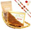 Ghasitaram Gifts Rakhi Gifts for Brothers Boat Basket of Milk Cake and Almonds with 2 Rudraksh Rakhis view 1