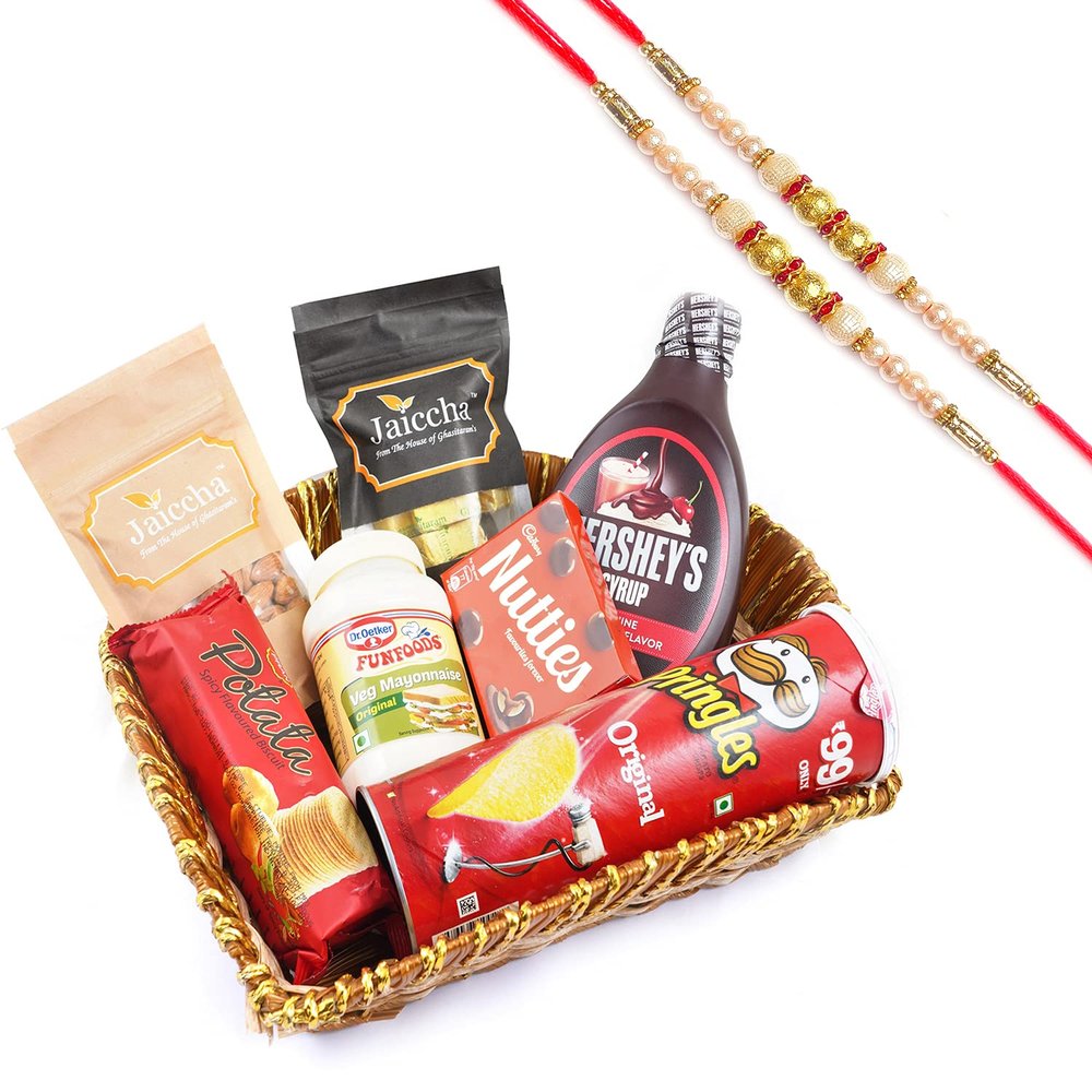 Jaiccha Ghasitaram Rakhi Gifts for Brothers - Basket of 7 Goodies with 2 Pearl Rakhis