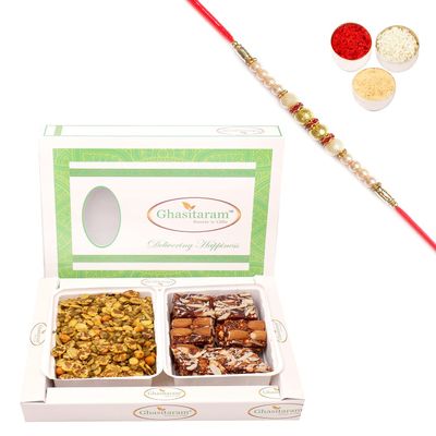 Ghasitaram Gifts Rakhi Gifts for Brothers Diet Protein Mix Namkeen with Natural Sugarfree Mix Hamper with Pearl Rakhi
