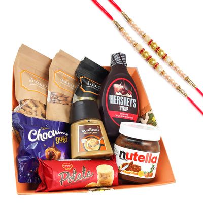 Jaiccha Ghasitaram Rakhi Gifts for Brothers - Big Basket of 8 Goodies with 2 Pearl Rakhis