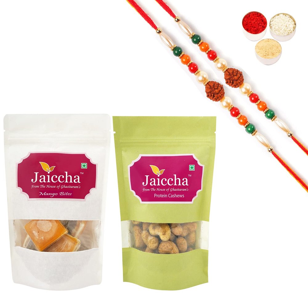 Jaiccha Ghasitaram Rakhi Gifts for Brothers - Best of 2 Mango Bites and Barbeque Cashews with 2 Rudraksh Rakhis
