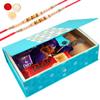 Jaiccha Ghasitaram Rakhi Gifts for Brothers - Blue Rectangular Box of Milk Chocolates,Caramel Toffees, Chocolates , Chocolate Almonds, Potata Biscuits with 2 Pearl Rakhis view 1