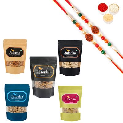 Jaiccha Ghasitaram Rakhi Gifts for Brothers - Best of 5 dryfruits Cashews, Almonds, Raisins, Pistachios and Walnuts with 2 Rudraksh Rakhis