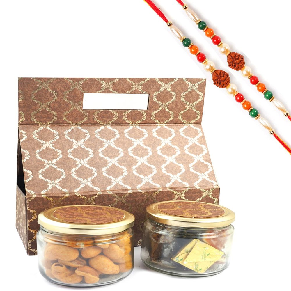 Ghasitaram Gifts Rakhi Gifts for Brothers 2 Jars Bag Box of Assorted Bites and Crunchy Cashews with 2 Rudraksh Rakhis