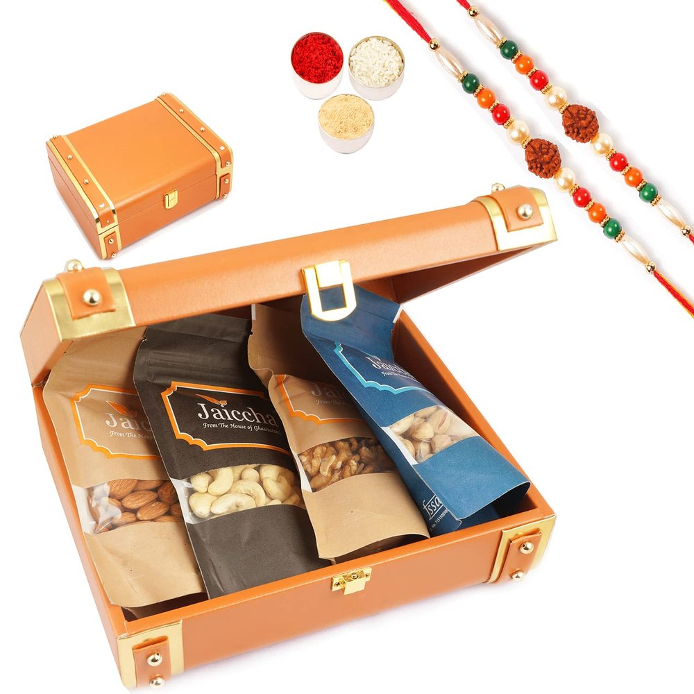 Jaiccha Ghasitaram Rakhi Gifts for Brothers - Orange Trunk Box of Almonds, Cashews, Pistachio and Walnuts with 2 Rudraksh Rakhis