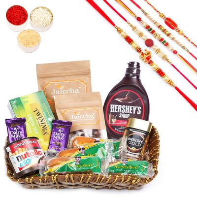 Jaiccha Ghasitaram Rakhi Gifts for Brothers - Brown Cane Like Basket Hamper of 18 Goodies with 5 Rakhis