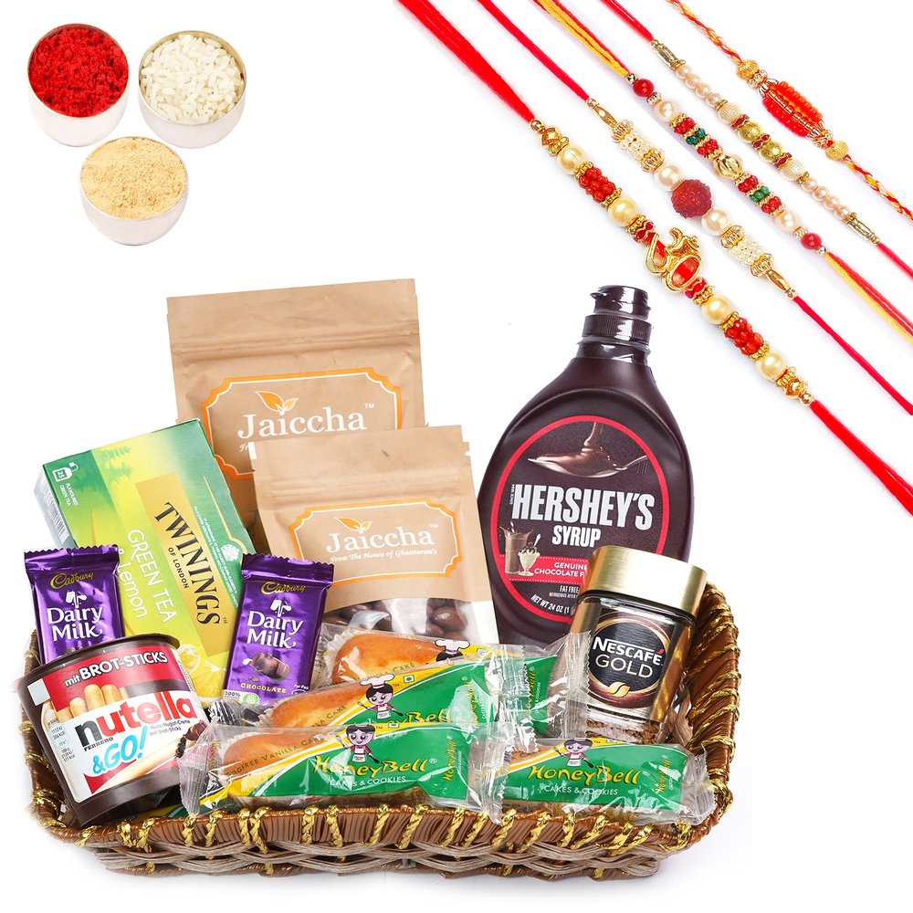 Jaiccha Ghasitaram Rakhi Gifts for Brothers - Brown Cane Like Basket Hamper of 18 Goodies with 5 Rakhis