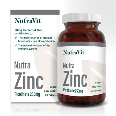 NUTRA ZINC Picolinate 250mg - 60 Tablets | Elemental Zinc 50mg - Maintain Normal Bones, Nails, Skin & Vision | Easy to Swallow & Highly Absorbable - Manufactured in a UK MHRA GMP Facility - NUTRAVIT