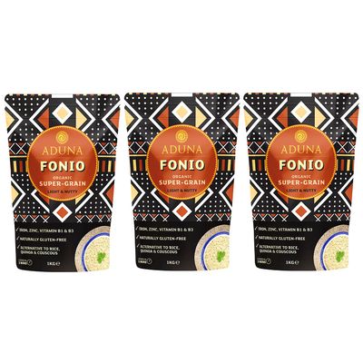 Aduna Organic Fonio Supergrain | Ancient African Wholegrain Rich in Iron, Zinc, B Vitamins & Fibre | Natural Gluten-Free Rice, Quinoa & Couscous Alternative | Porridge, Salads, & Stir-Fries | 3 x 1kg