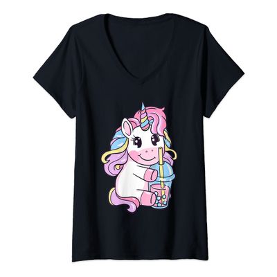 Womens Kawaii Bubble Tea | Unicorn Boba Tea for Milk Tea Lover V-Neck T-Shirt