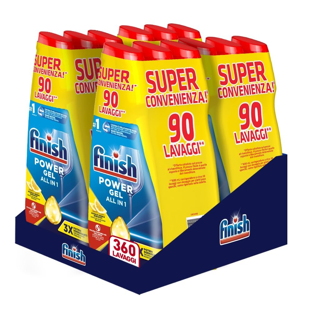 Finish Powergel Liquid Dishwasher, Multiaction, Degreasing Power, Lemon, 360 Washes, 12 Packs of 30 Washes