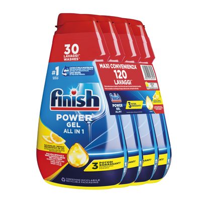 Finish Powergel Liquid Dishwasher Detergent, Multiaction, Degreasing Powers, Lemon Scrubber Gel, 120 Washes, 4 Packs of 30 Washes