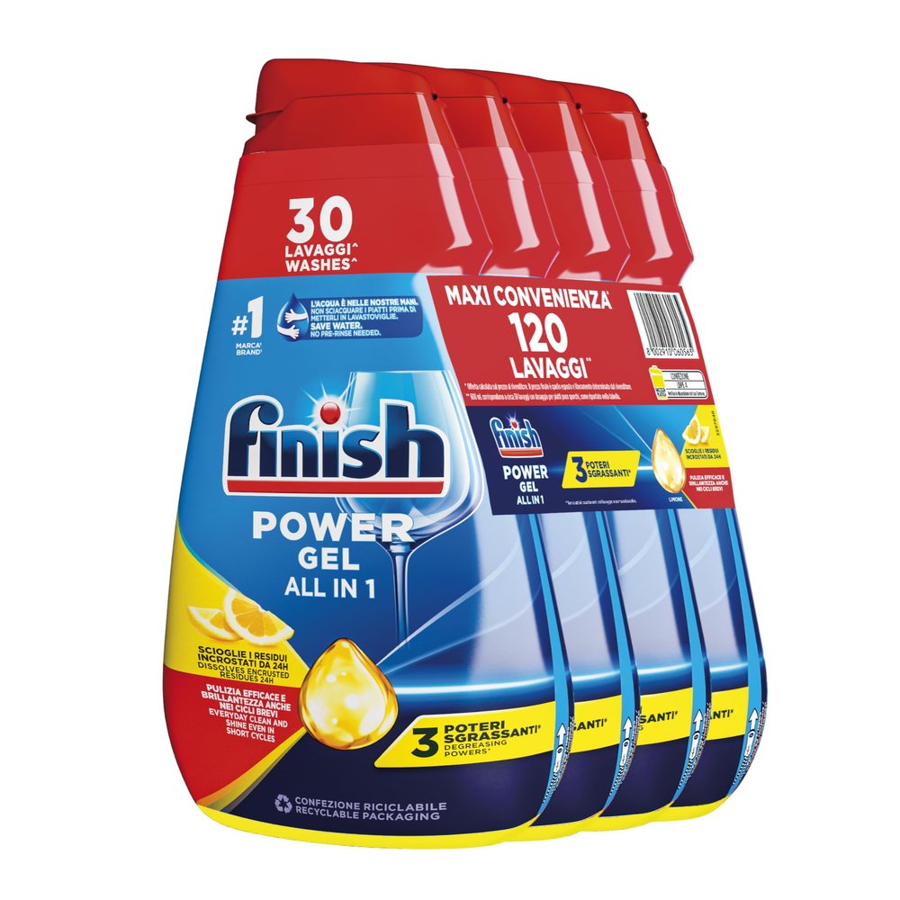 Finish Powergel Liquid Dishwasher Detergent, Multiaction, Degreasing Powers, Lemon Scrubber Gel, 120 Washes, 4 Packs of 30 Washes