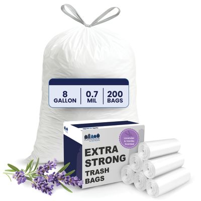 Plasticplace 8 Gallon Trash Bags 0.7 Mil Lavender and Soft Vanilla Scented Garbage Can Liners 22" x 22" (200 Count), White
