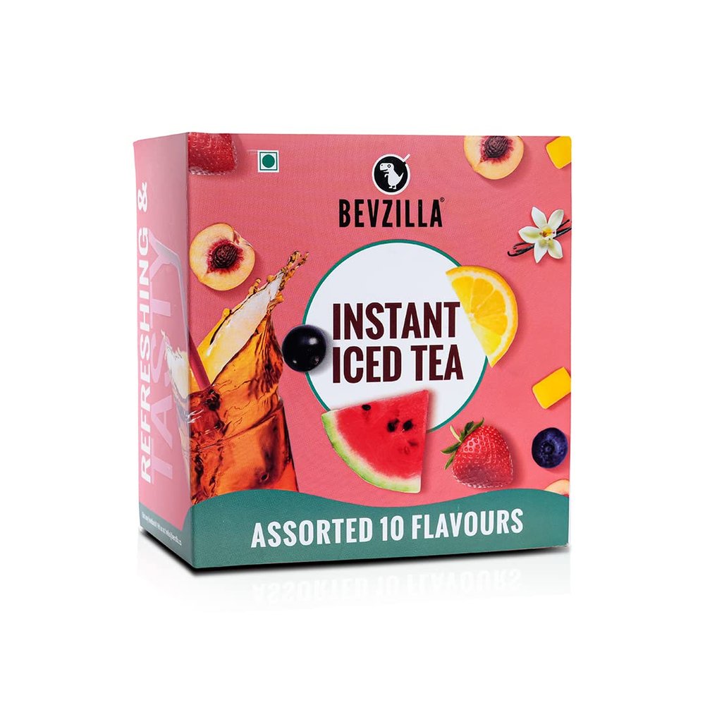 Bevzilla Iced Tea Powder Assorted 10 Flavours Ice Brew Cold Brew Strong & Very Flavourful No Artificial Ingredients 30 Calories Instant Iced Tea Powder 30g Per Bag x 10