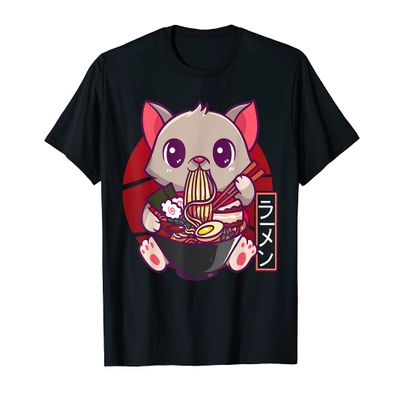 Funny Neko Cat Eating Ramen Noodles Noodle Kawaii Kitten T-Shirt