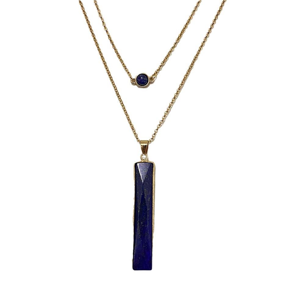 Two Layer Bar Stone Chain Necklace for Women Horizontal Bar Delicate Gemstones Pendant Minimalist-Lapis