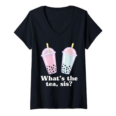 Womens What's The Tea Sis Bubble Tea Gossip Milk Tea Tapioca V-Neck T-Shirt