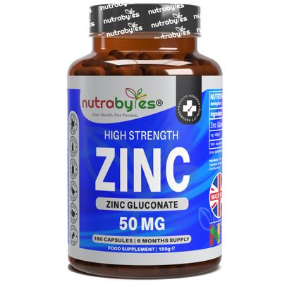 Nutrabytes Zinc Capsules 50mg | 180 Capsules | 6 Months Supply | Zinc Supplements for Men & Women, 1-a-Day | No Artificial Flavours | Non-GMO, Vegan & Magnesium Stearate-Free | UK Made