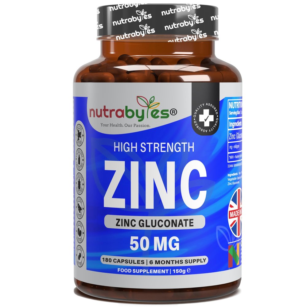 Nutrabytes Zinc Capsules 50mg | 180 Capsules | 6 Months Supply | Zinc Supplements for Men & Women, 1-a-Day | No Artificial Flavours | Non-GMO, Vegan & Magnesium Stearate-Free | UK Made