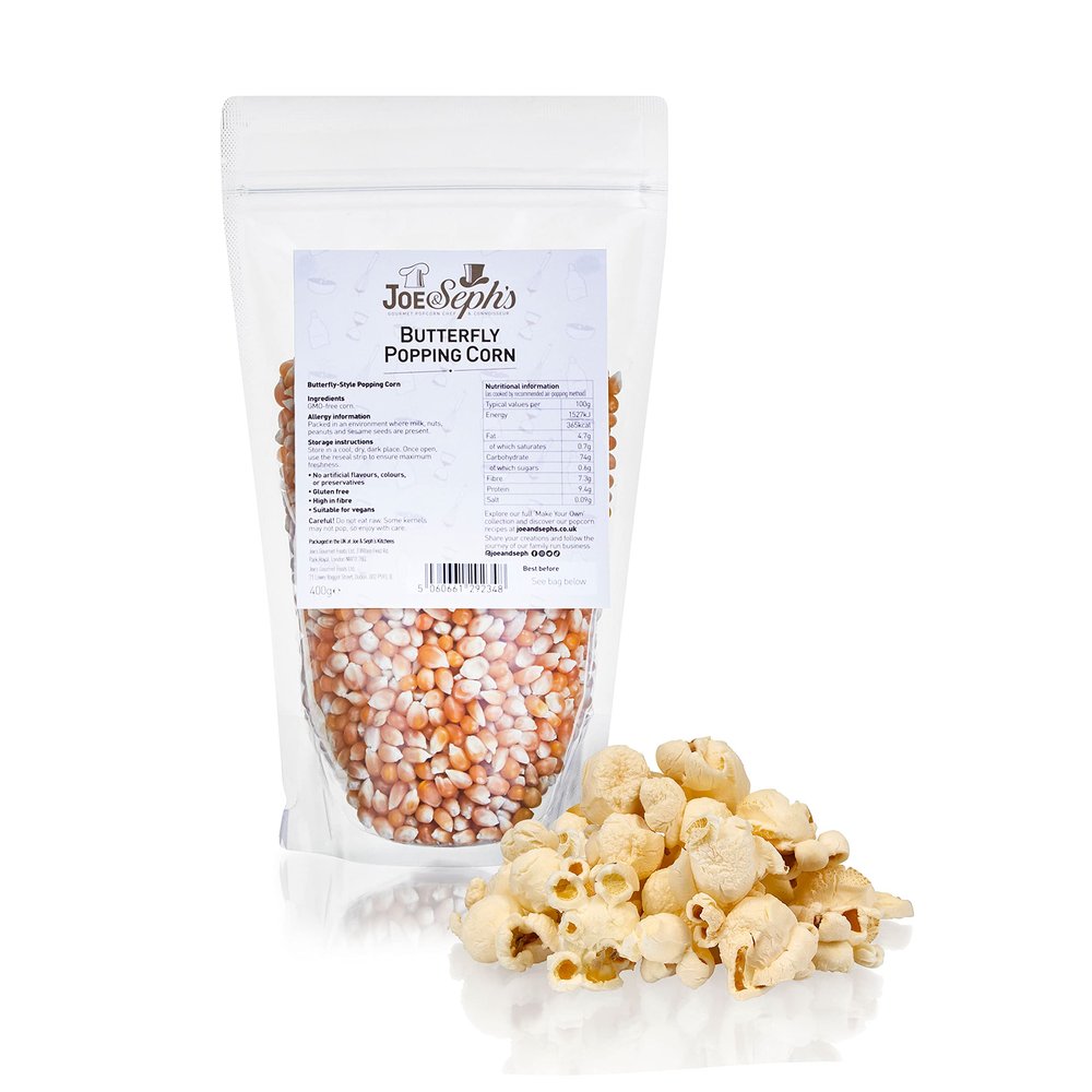 Joe & Seph's Popping Corn Kernels, Butterly Corn (1x400g), Cinema Style, Popping corn for a popcorn maker, movie night snack, unflavoured kernels, healthy snacks, DIY