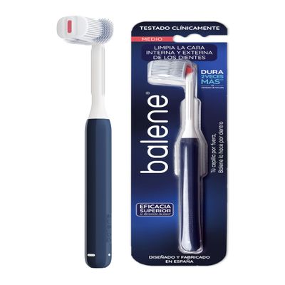BALENE - Double Sided Toothbrush, Effective Cleaning of The Inner and Outer Sides of The Teeth, Rotating Handle, 2 Hardness Antibacterial Filaments, 3 Different Colours. (Blue, Medium Hardness)