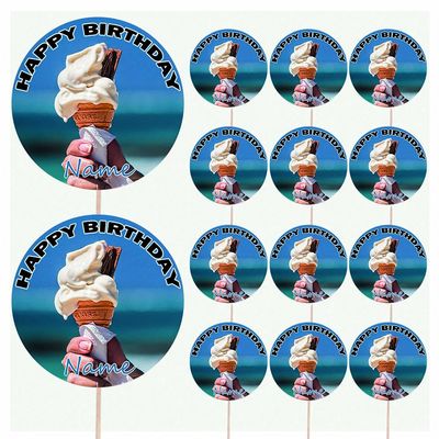 AK Giftshop Ice Cream Cone Personalised Food & Cake Toppers Picks Birthday Decorations - (Pack of 14)