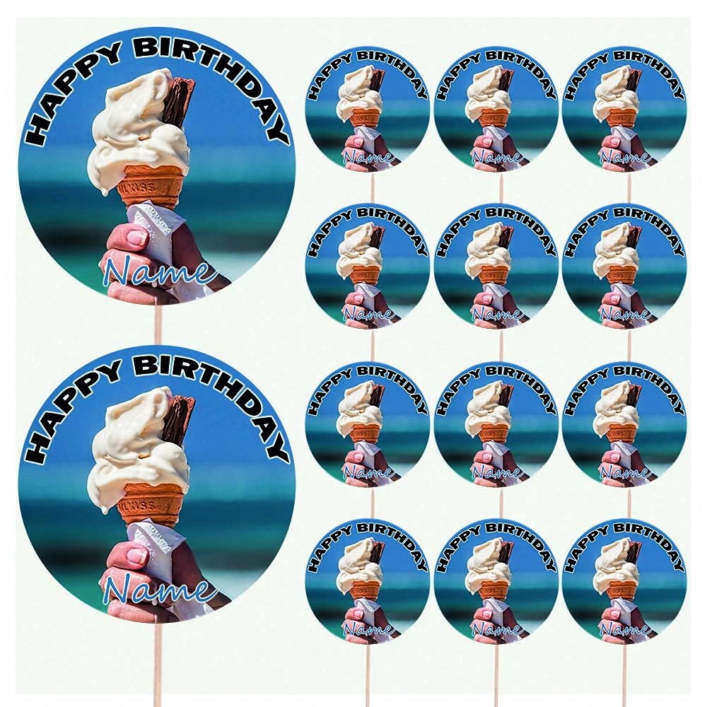AK Giftshop Ice Cream Cone Personalised Food & Cake Toppers Picks Birthday Decorations - (Pack of 14)