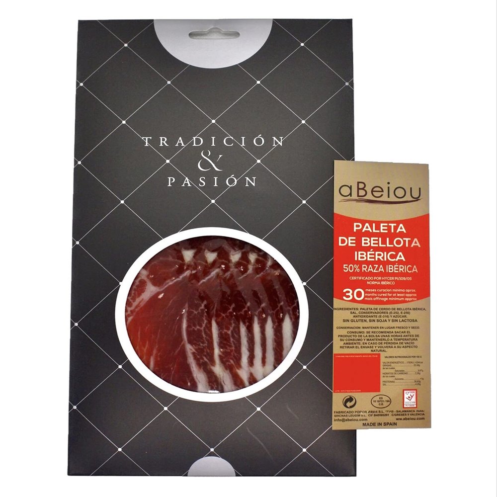 aBeiou. 100gr SLICED Spanish BONELESS IBERICO HAM - Acorn-fed Shoulder - Jamon iberico Pata Negra. Vacuum Packed. Cured +30 Months in Guijuelo (Salamanca). Hycer Warranty Certificate. 100gr Case.