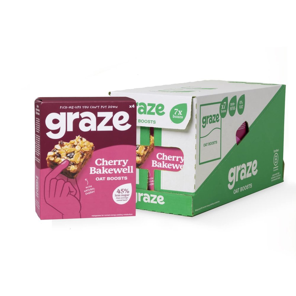 Graze Cherry Bakewell Oat Boost Bars Snacks - Whole Oats & Natural Flavours, High in Fibre - Packaging may vary - (28 Snacks - 7 Packs of 4 x 30g)