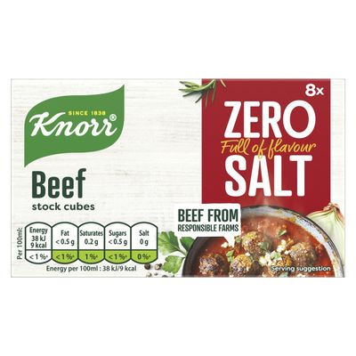 Knorr Zero Salt Beef Stock Cubes pack of 8 lactose- and gluten-free for delicious, zero-salt beef dishes 9 g