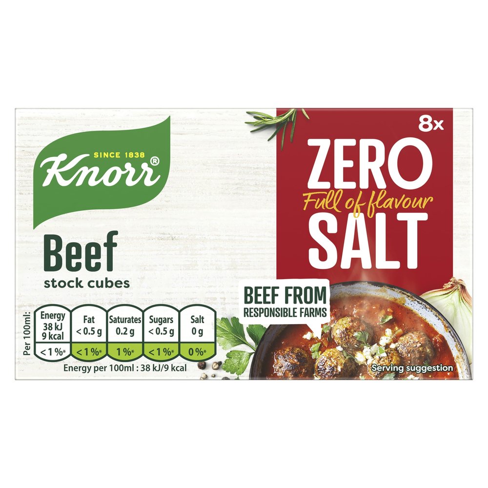 Knorr Zero Salt Beef Stock Cubes pack of 8 lactose- and gluten-free for delicious, zero-salt beef dishes 9 g