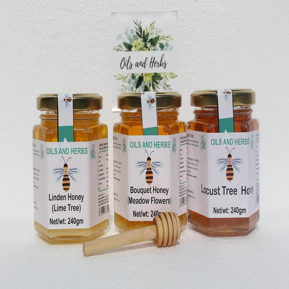 3 FLAVOURS HONEY -Raw and certified organic Honey (720gms) 3 different taste 100% Natural and Unpasteurized - Lime, Meadows and Locust Honey by Oils and Herbs