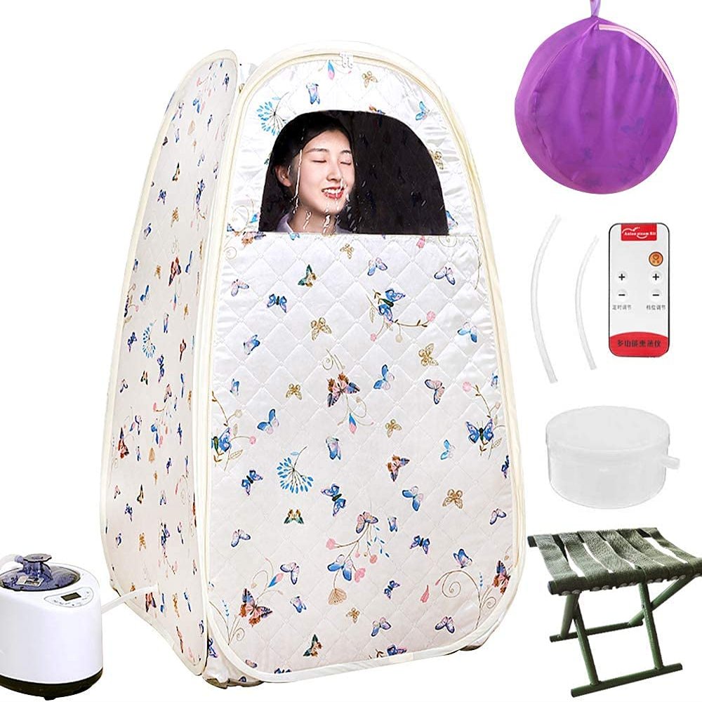 2.6 Liter Foldable Portable Steam Sauna, Therapeutic Personal Sauna for Relaxation, Home Detox, with Remote Control, Folding Chair, Timer, 15-Level Adjustment (White)