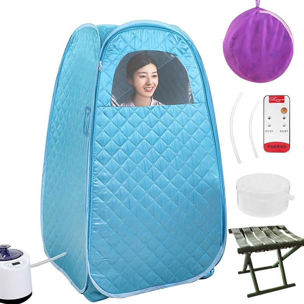 2.6 Liter Foldable Portable Steam Sauna, Therapeutic Personal Sauna for Relaxation, Home Detox, with Remote Control, Folding Chair, Timer, 15-Level Adjustment (Blue)