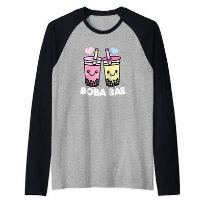 Boba BAE Cute Kawaii Boba Drinks White Text Raglan Baseball Tee