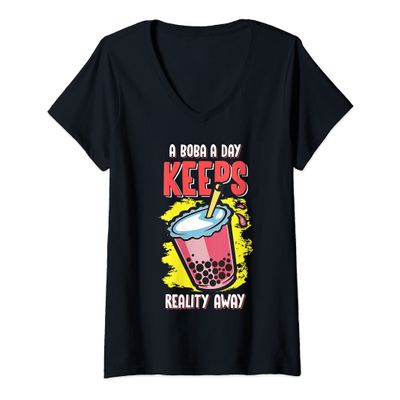 Womens Boba a Day Keep Reality Away Bubble Tea Drink Love Beverage V-Neck T-Shirt