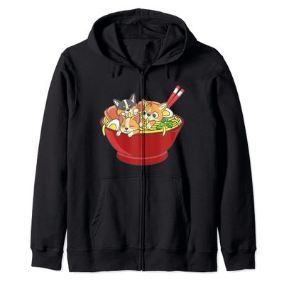 Anime Japanese Corgi Ramen Kawaii Ramen Noodle Life Zip Hoodie