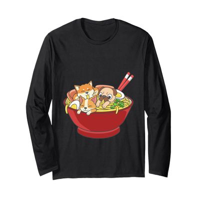 Anime Japanese Dog Ramen Kawaii Ramen Noodle Life Long Sleeve T-Shirt, Adult Unisex, Black, Large
