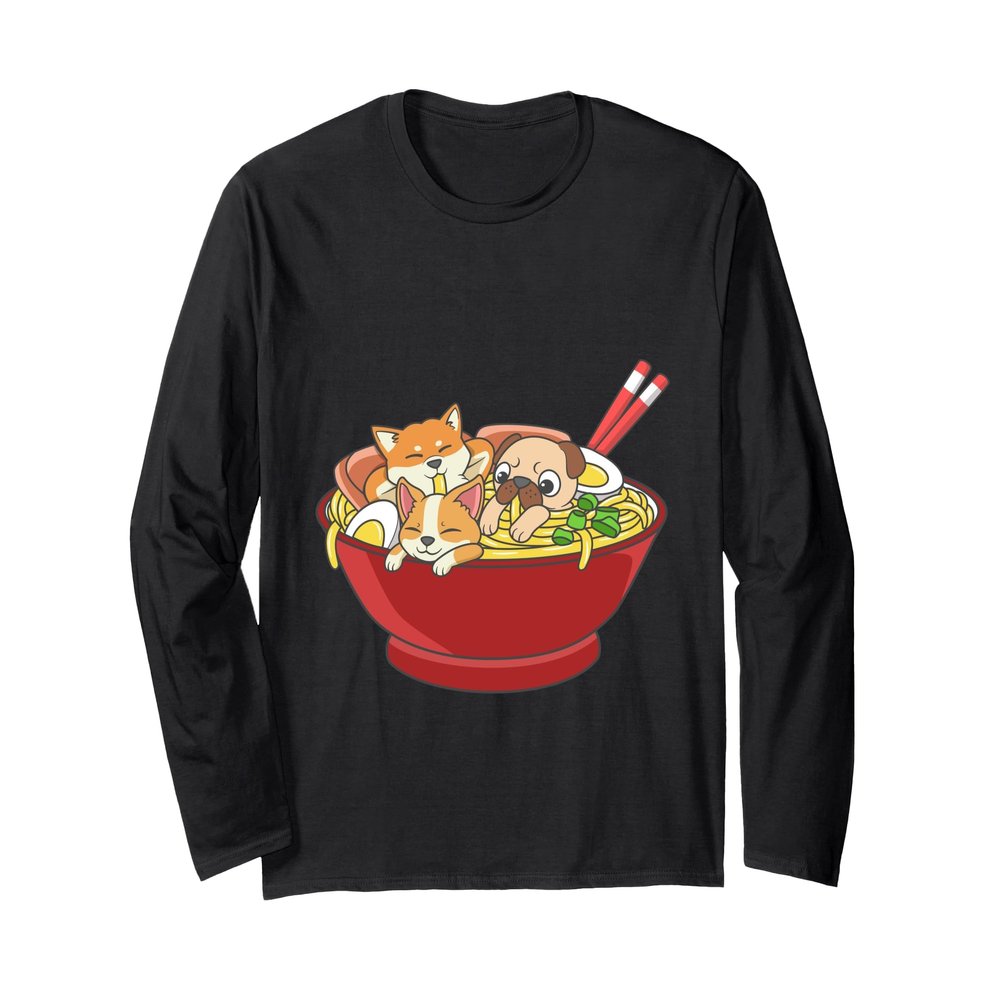 Anime Japanese Dog Ramen Kawaii Ramen Noodle Life Long Sleeve T-Shirt, Adult Unisex, Black, Large