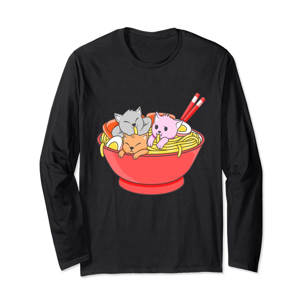 Anime Japanese Cat Ramen Kawaii Ramen Noodle Life Long Sleeve T-Shirt