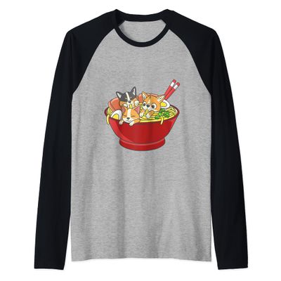 Anime Japanese Corgi Ramen Kawaii Ramen Noodle Life Raglan Baseball Tee