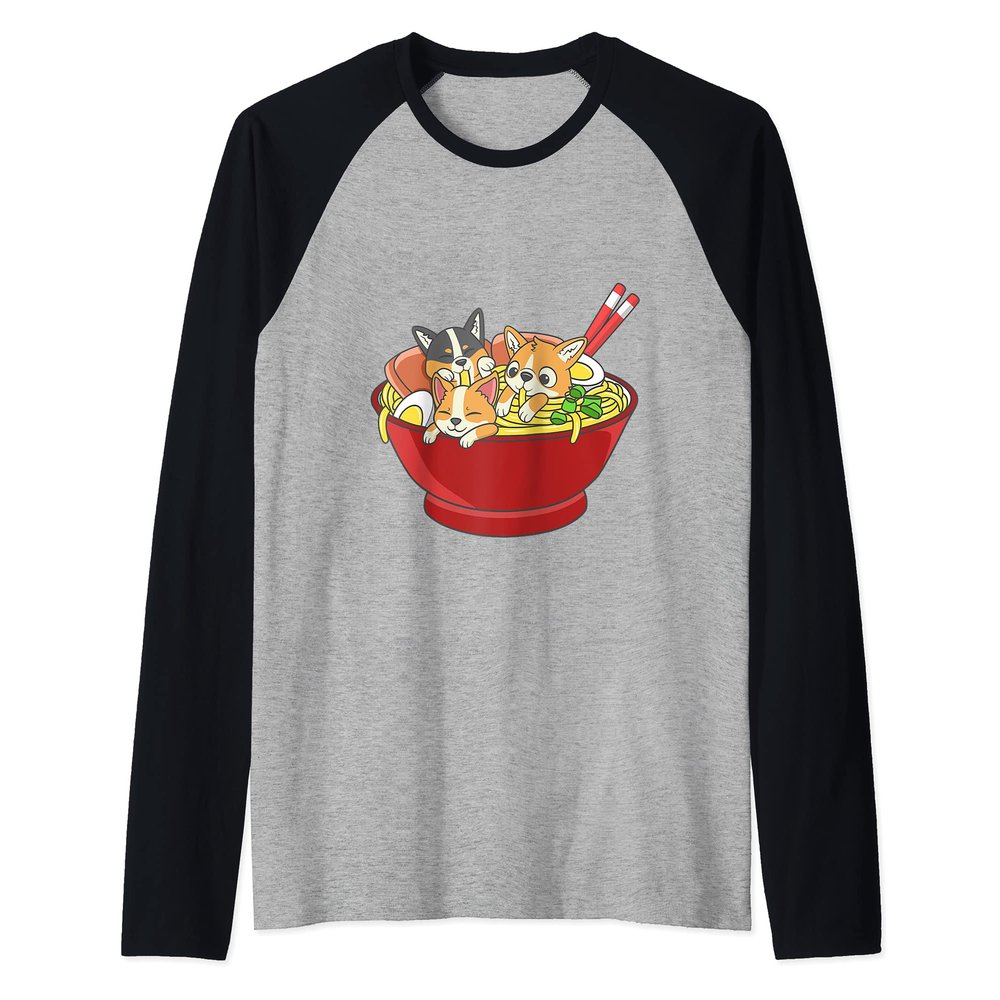 Anime Japanese Corgi Ramen Kawaii Ramen Noodle Life Raglan Baseball Tee
